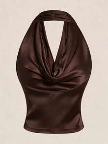 Modelyn Khaki Off-Shoulder, Asymmetrical Shoulder And Halter Versatile Fitted Elegant Sexy Tank Top, Suitable For Spring And Summer Brown Swimsuit Top Brown Bathing Suit Women Brown Tops Brown Two Piece Set Women Dark Brown Top - Apricot - View 8