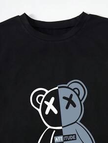 SHEIN Mirajuku 2件套男童印花黑色短袖T恤和米色工装裤休闲套装，春夏款 - 淺色水洗藍 - 查看 7
