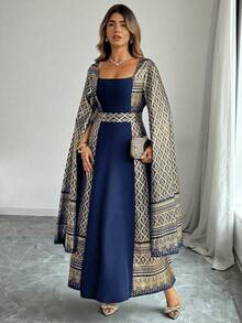 Elenzga Plus Size Navy Blue,Winter Elegant Wedding Al-Adha Woven Dress,Square Neck Folk Cloak Sleeve Flared Hem Najma Turkish Abaya Dubai Modest Women - Navy Blue - View 6