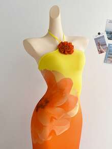 Soleia Women's Romantic Sunset Ombre Elegant 3D Flower Halter Tie Dress, Suitable For Vacation