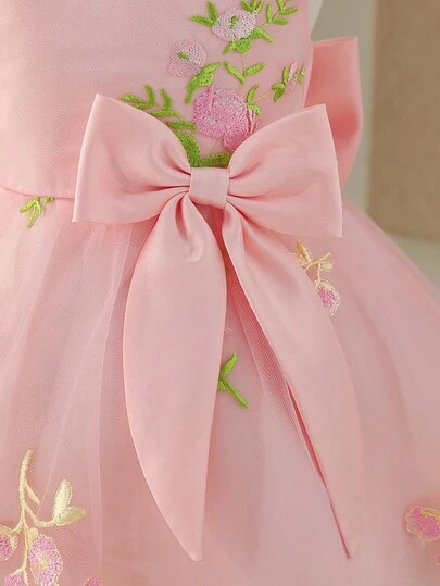 Glamorique Kids Baby Girl Floral Embroidery Bow Decor Sleeveless Round Neck Dress