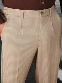 Manfinity Bizformal Men's Casual Everyday Office Commute Striped Print Slant Pocket Pleated Straight Leg Pants - Khaki - View 5