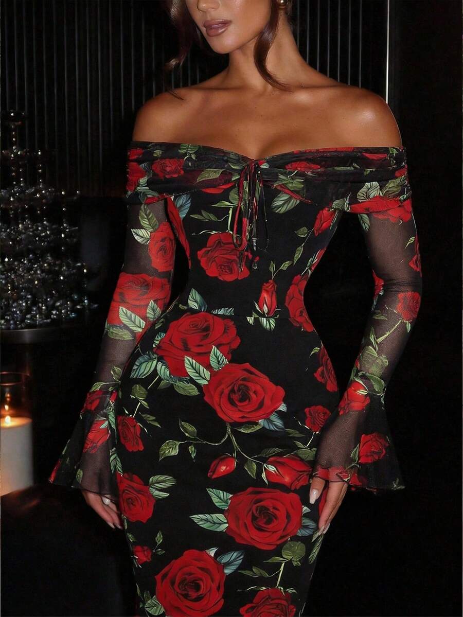 SHEIN MOD 露肩复古黑色连衣裙，饰以玫瑰花卉印花和鱼尾裙摆——节日盛装、公主风、正式礼服、派对礼服；完美适用于度假、约会、野餐、派对、舞会、节日和生日；浪漫复古宫廷风 - 彩色 - 查看 1