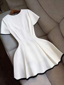Franclia Elegant White Cross-Over Wrap-Style Double-Breasted Short-Sleeved Fitted Mini White Women's Blouse, Summer Wear. - Black and White - View 2