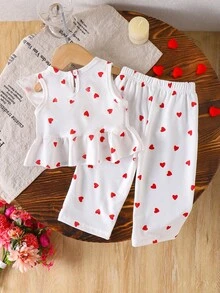 2pcs/Set Baby Girl Knitted Ruffle Design Top & Heart Print Straight Pants Outfit, Fashionable Casual Clothing For Valentine's Day - White - View 2