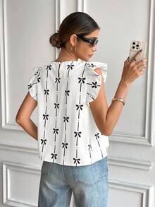 SHEIN Frenchy 女士休闲蝴蝶印花荷叶边衬衫，夏季 - 白色 - 查看 2