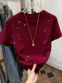 Camiseta de manga corta de cuello redondo casual con ribete de contraste para mujer, verano - Multicolor 3 - Ver 3