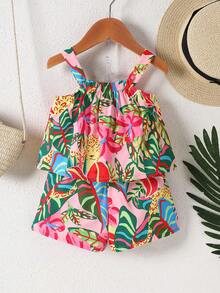 SHEIN Playful Pals 2件套婴儿/男女通用0-3岁休闲热带印花吊带背心和短裤套装，女婴夏季服装，女婴套装，婴儿休闲套装，适合户外、休闲、度假，3T女婴热带度假服装夏季两件套，女婴夏威夷服装，热带婴儿套装，女童夏季套装，度假服装，热带女童夏季假日服装 - 彩色 - 查看 2