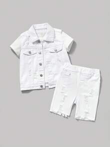 2pcs/Set Young BoyLoose Denim Vest & Ripped Elastic Waist Shorts Set - White - View 6