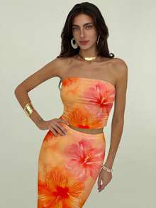 Aloruh Bộ đồ nữ 2 mảnh phong cách nghỉ dưỡng thanh lịch in họa tiết hoa dâm bụt Hawaii, gồm áo quây và chân váy, thích hợp cho kỳ nghỉ xuân/kỳ nghỉ biển/hẹn hò lãng mạn/dạo chơi thời trang/lễ hội âm nhạc mùa xuân. - trái cam - Xem 5