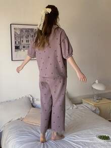 DAZY Teen Girls Minimalist Print Short Sleeve Top And Pants Pajama Set - Purple - View 8