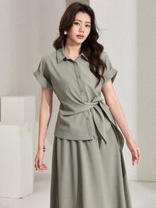 DAZY 春夏优雅办公室套装，宽松上衣和半裙，专为情人节、通勤和复古风格而设计。 - 綠色 - 查看 4