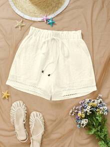 EMERY ROSE 2025 Plus Size Women Frill Trim Waist Tie Pocket Floral Shorts, Summer - Apricot - View 3