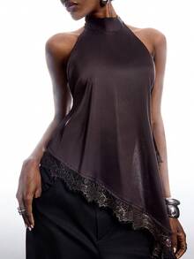 LYSMO Áo ba lỗ thời trang màu trơn cổ trụ không tay viền bèo nhún cho nữ - Cà phê nâu - Xem 5