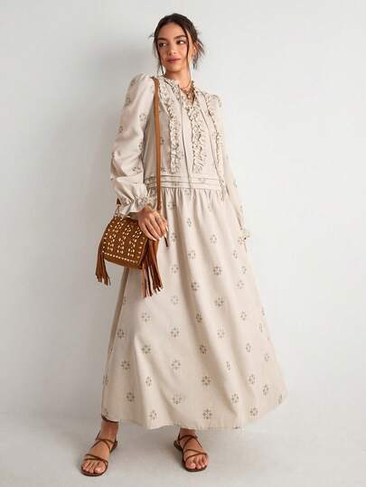 Freevana Bohemian Khaki Print Dress, V-Neck Puff Sleeve Drawstring Waist Ruffled Hem Loose Long Dress, Vintage Soft Commuting Vacation Style