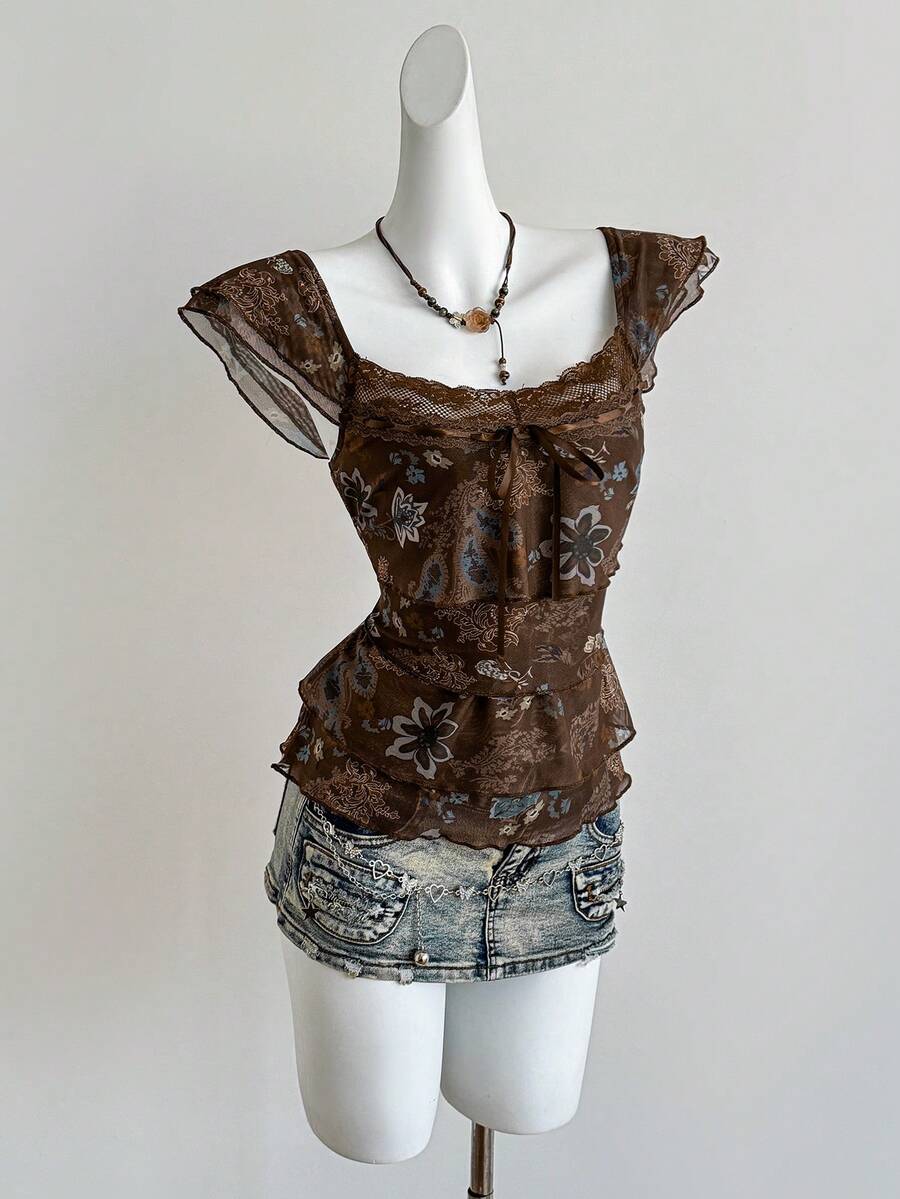 Sweetra Áo thun cổ nơ phong cách Y2K gợi cảm, chất liệu lưới co giãn, phối ren, họa tiết paisley nhiều lớp, thích hợp cho kỳ nghỉ, hẹn hò, tụ họp đường phố, lễ hội âm nhạc, mùa xuân/hè/thu. - Nhiều màu - Xem 1