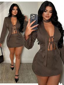 SHEIN SXY Women's Business Casual Striped Long Sleeve Tie Front Jacket And Skirt Suit Set, Brown 2 Pieces Set, Tall Two Pieces Set, Pants Set Two Pieces, Y2k Two Pieces Set, Brown 2 Piece Set,Chic Women's ,Business Casual Outfits Women ,Going Out ,Brown Autumn Winter Clothes For Women,Valentine's Day, Women Clothes,