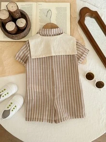 LMoss Kids 2pcs Baby Boy Woven Striped Casual Romper And Knit Shawl Set - Multicolor - View 2