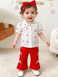 2pcs Baby Girls Casual Outfit: White Puff Sleeve Shirt With Red Heart Print, And Red Straight Leg Pants, Fashion Set - White - View 1