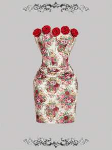 SHEIN MOD Đầm ngắn cúp ngực họa tiết hoa dành cho nữ với trang trí hoa 3D. - Nhiều màu - Xem 5