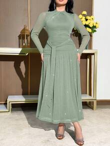 Modelyn Đầm dài tay màu trơn thanh lịch dài đến đầu gối dành cho nữ, thắt eo. - Màu xanh Bạc hà - Xem 6