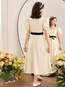 Serisse Kids 少女撞色泡泡袖收腰休闲连衣裙 - 白色 - 查看 6