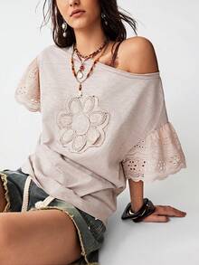 Bohemela 女士休闲纯色针织圆领短袖宽松T恤 - 粉色 - 查看 3