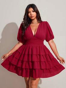 Viva Relle 大码女士优雅纯色V领泡泡袖荷叶边下摆休闲连衣裙，适合度假、海滩、约会、派对、音乐节、春夏穿着，百搭设计 - 酒紅色 - 查看 4