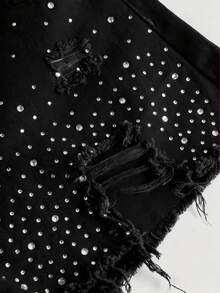 SHEIN Girlism Tween Girl Spring Summer Break Trending Rhinestone Bling Embellished High Waist Denim Shorts With Raw Hem, Stylish Casual Jeans Shorts, Tween Girl Beach Boho Holiday Concert Raves Festival - Black - View 3