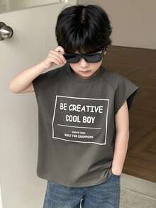 SHEIN Young Boy Comfortable Letter Patched Casual Tank Top,Suitable For Outdoor Activities, School,Home Leisure And Professional Sports Young Boys T Shirts Young Boys Tank Tops - Grey - View 1