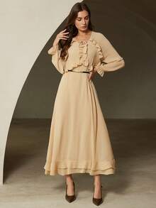Revavyn Đầm dài tay bằng chiffon, kiểu dáng tối giản, màu trơn, phong cách lãng mạn Pháp cổ điển, viền bèo nhún, dành cho nữ. - Màu Khaki - Xem 6