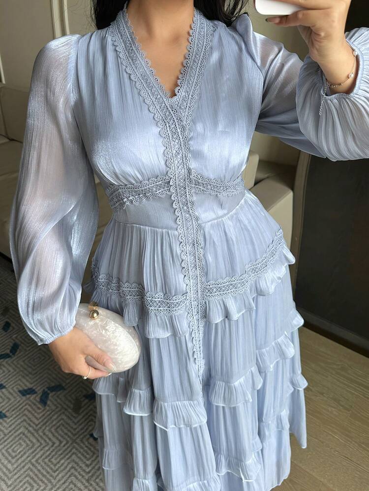 Dazy Plus V-Neck Lace Patchwork Frill Trim Layered Chiffon Waist Cinched Elegant Long Lantern Sleeve Plus Size Women Dress, Spring/Summer Maxi Dress Sundress