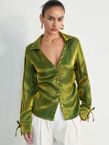 Aveloria Modichic French Minimalist Commuter Bow Decor V-Neck Long Sleeve Blouse, Versatile & Shiny Material - Olive Green - View 2