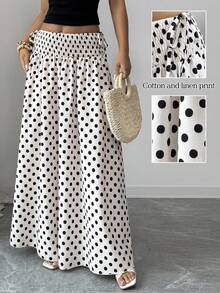 Elenzga 女士夏季新款通勤百搭宽松高腰优雅显瘦波点抽绳杏色半身裙 - 杏色 - 查看 1