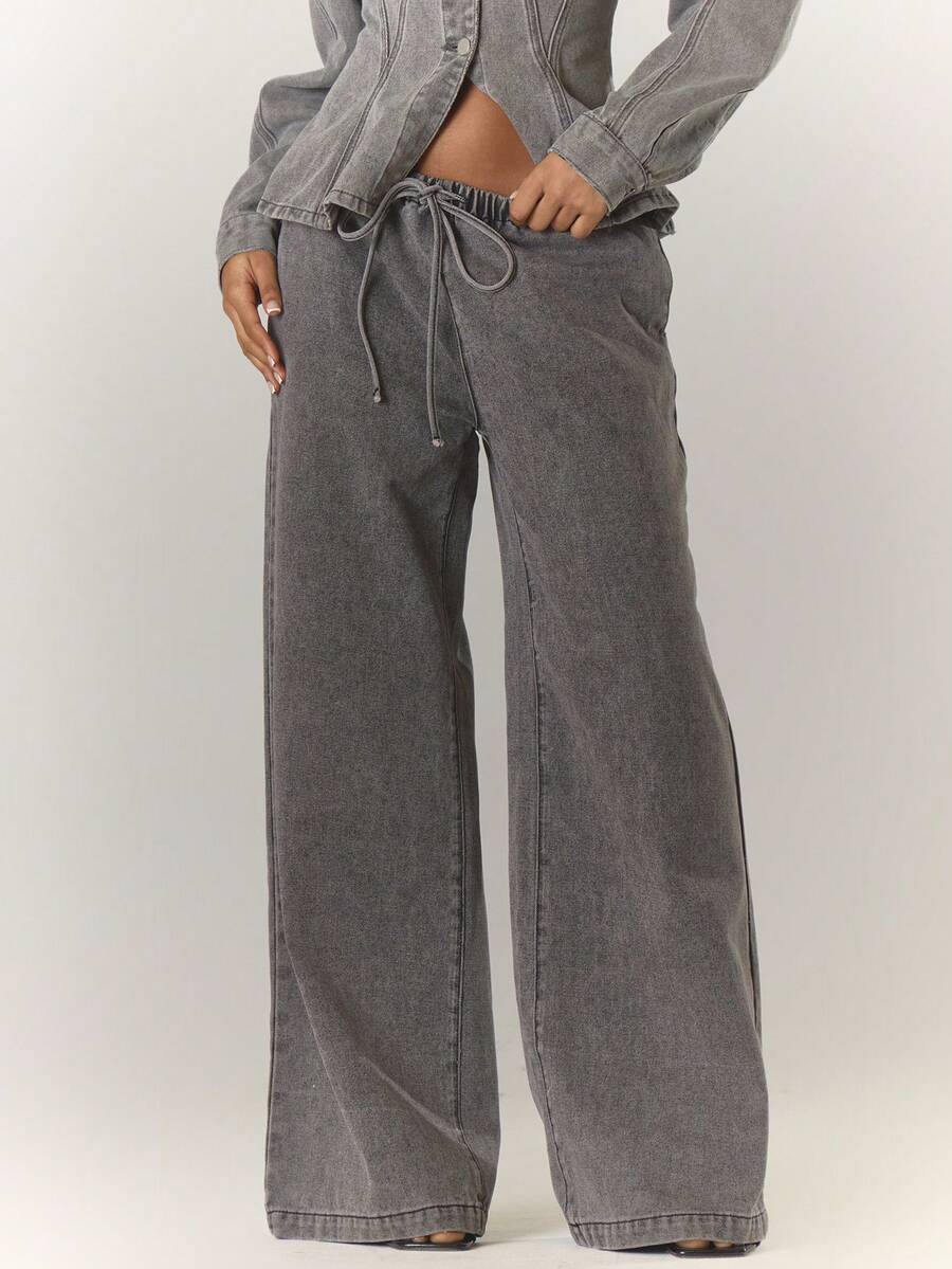MUSERA Quần jean ống rộng có dây rút, phong cách mùa xuân thập niên 90, Y2K, dễ thương, thanh lịch, thường ngày, đi nghỉ mát, mùa hè, miền Tây, lễ hội, buổi hòa nhạc, mùa đông, Nashville, giản dị, sang trọng. - Xám - Xem 1