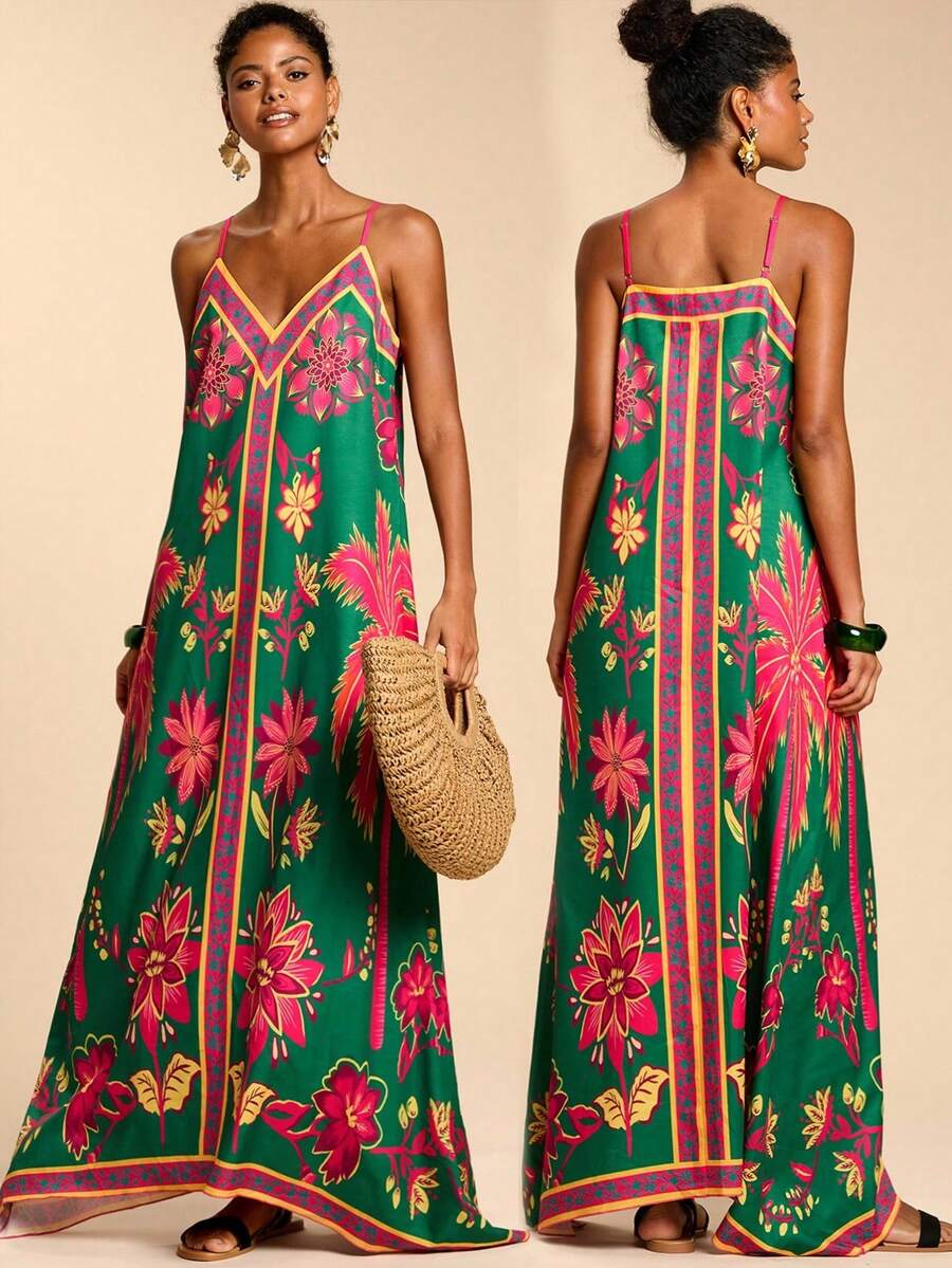 Travachic Women's Casual Green Floral Print Dress,Summer Boho Holiday Vacation Holiday Outfits,Mexican Style Elegant Beach Party Wedding Guest Birthday Dress - Multicolor - View 1