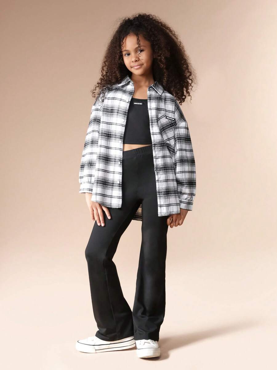 SUMWON Plaid Checkered Button Down Shirt With High Waisted Flare Leg Pants Three Piece Co-Ord Set Casual Everyday Outfit - Black and White - View 1
