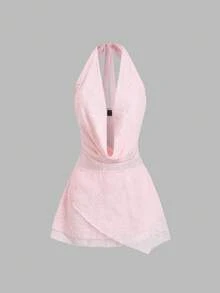 Sweetra Bohemian Style Sweet Pink Jacquard Halter Neck Ruffle Hem Mini Dress For Women, Spring/Summer - Pink - View 1