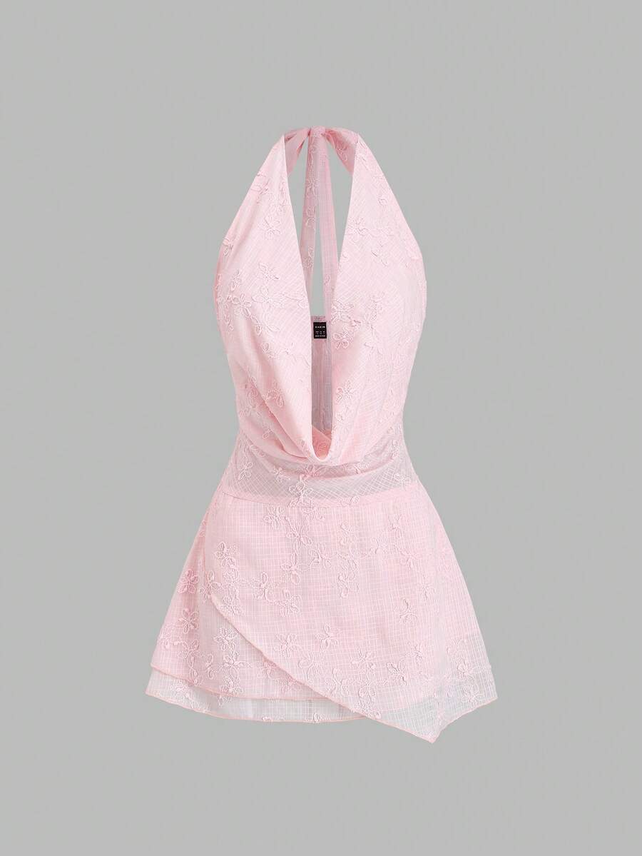 Sweetra Bohemian Style Sweet Pink Jacquard Halter Neck Ruffle Hem Mini Dress For Women, Spring/Summer - Pink - View 1