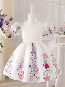 SHEIN 1件装 女孩夏季新款婚礼仪式少女3D蝴蝶生日派对花童表演泡泡袖公主裙 - 白色 - 查看 3