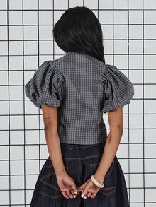 COUREZ 泡泡袖格子上衣 / Y2K 女式可爱上衣 外出可爱性感街头风优雅 - 灰色 - 查看 3