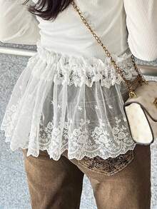 FRIFUL Falda casual y versátil de mujer con cintura con cordón, de tela de encaje transparente de unicolor, para primavera - Blanco - Ver 5