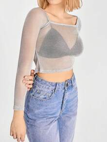 SHEIN EZwear 秋季女士时尚纯色透视修身短款上衣 - 銀色 - 查看 1