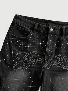 ROMWE MEN Street Life Quần short denim nam đính đá lấp lánh, kiểu dáng thường ngày. - màu đen - Xem 4