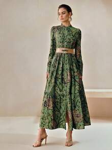 Anewsta Spring New Women's Dress With Belt, Leopard Print Design, Commuter Style - Army Green - View 2