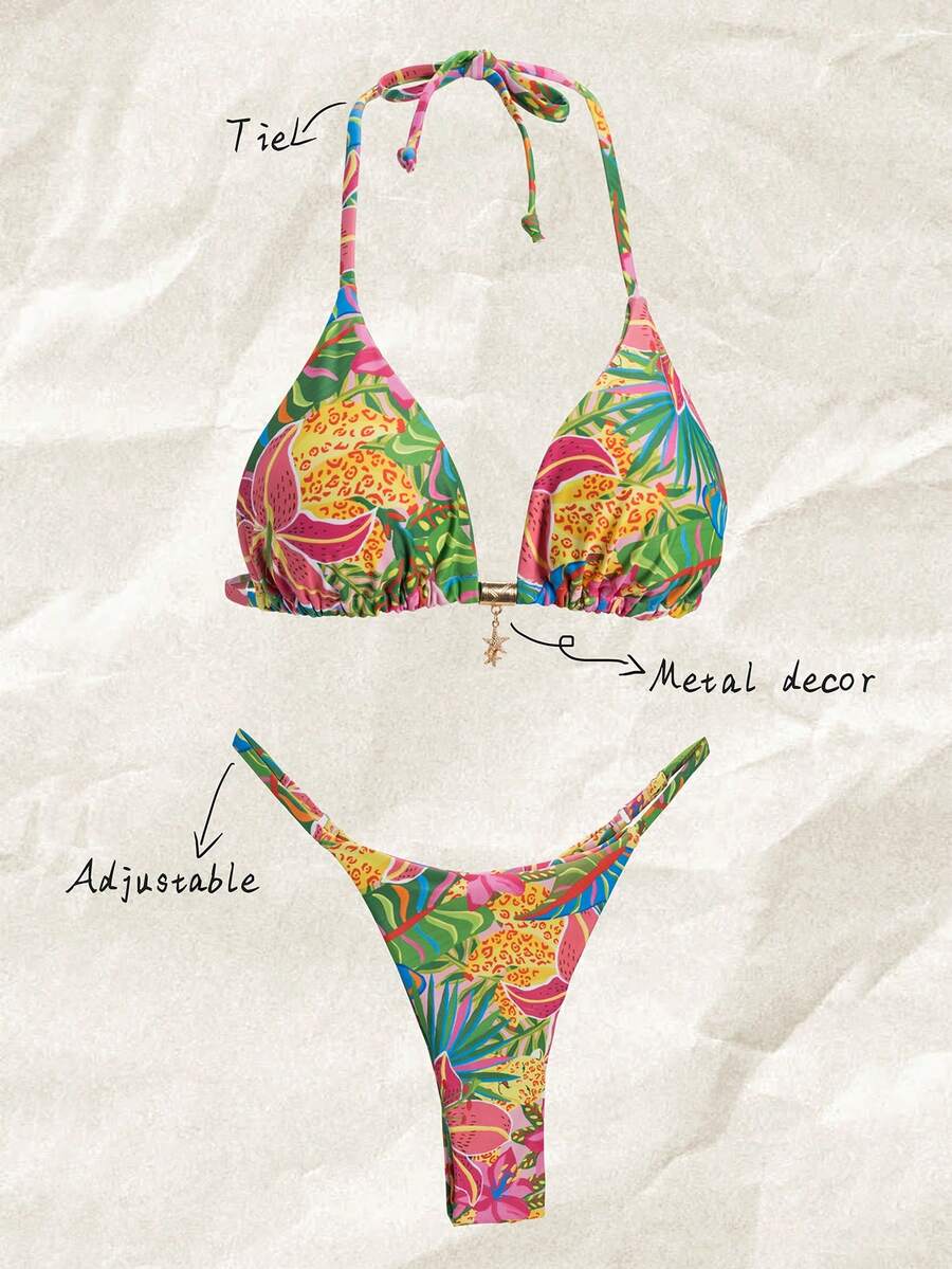 Elavelle 女士春假随机花卉印花性感吊带比基尼套装，夏季沙滩装 - 彩色 - 查看 1