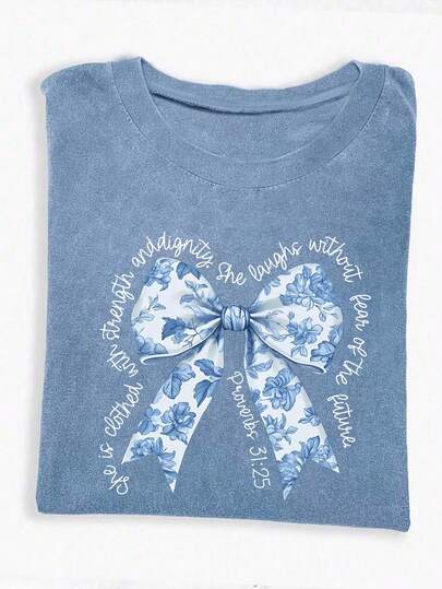 Flirla 大码女式标语和蝴蝶结印花圆领短袖休闲T恤