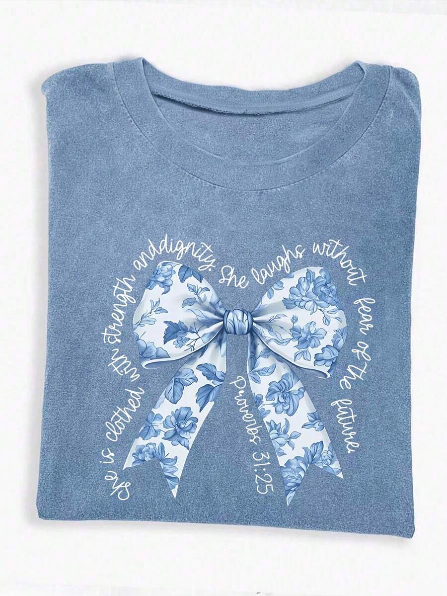 Flirla 大码女式标语和蝴蝶结印花圆领短袖休闲T恤 - 霧霾藍 - 查看 1