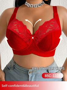 DesireSculpt 1pc Plus Size Lace Patchwork Wireless Bra - Red - View 7