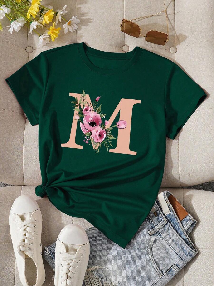 INAWLY Women's Summer Flower & Letter Printed T-Shirt Graphic Tees Women Tops - Dark Green - View 1